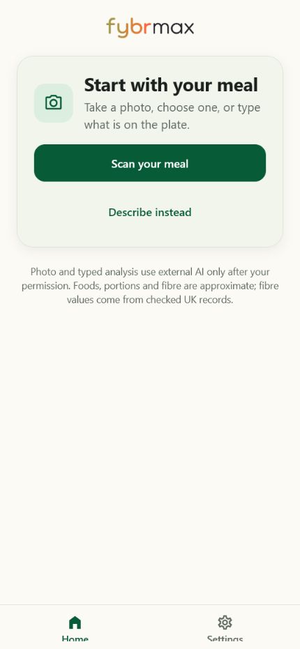 Fybrmax app home screen with scan and describe meal options.